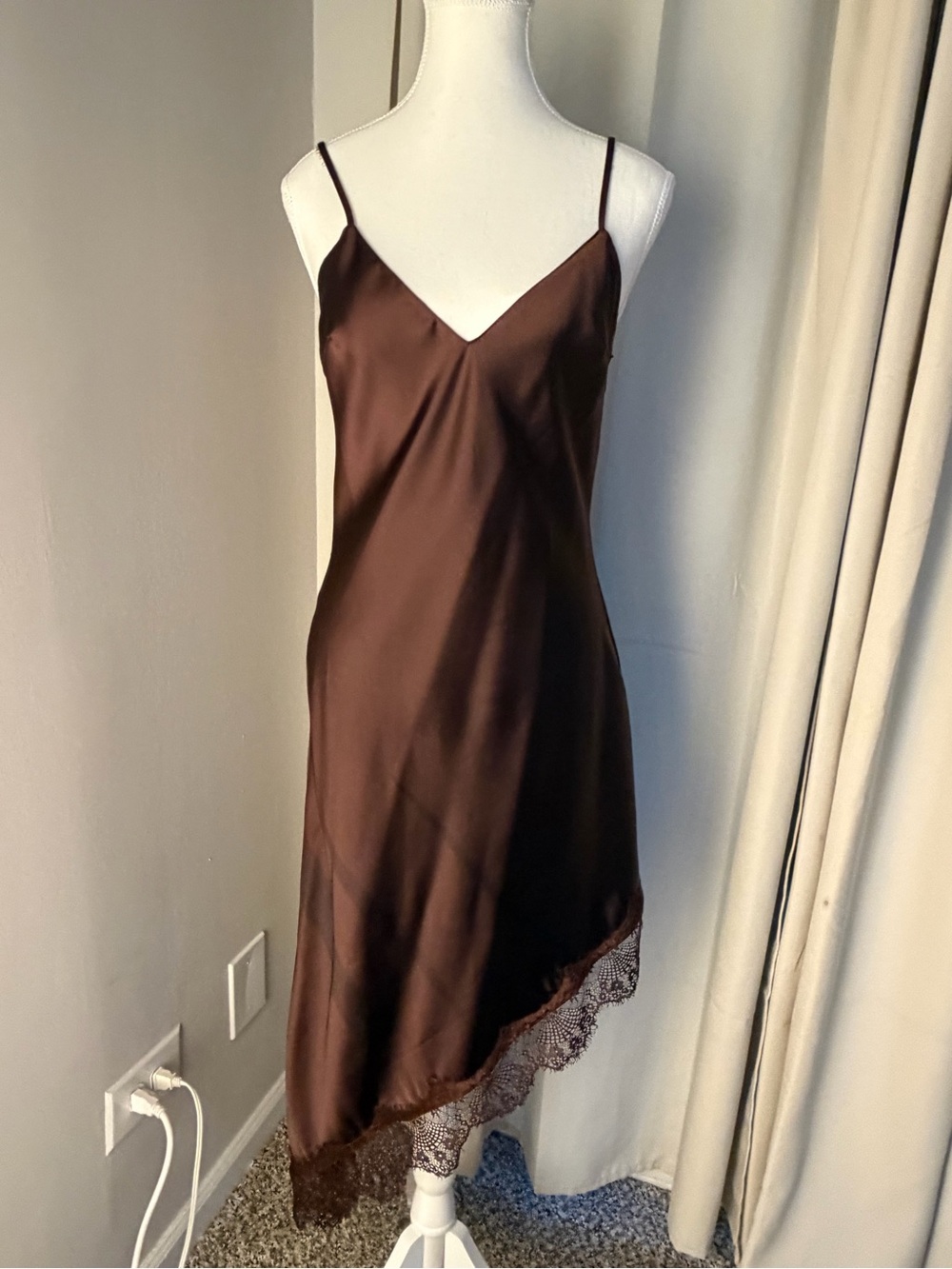 Zara Chocolate Brown Satin Slip Dress with Lace Trim